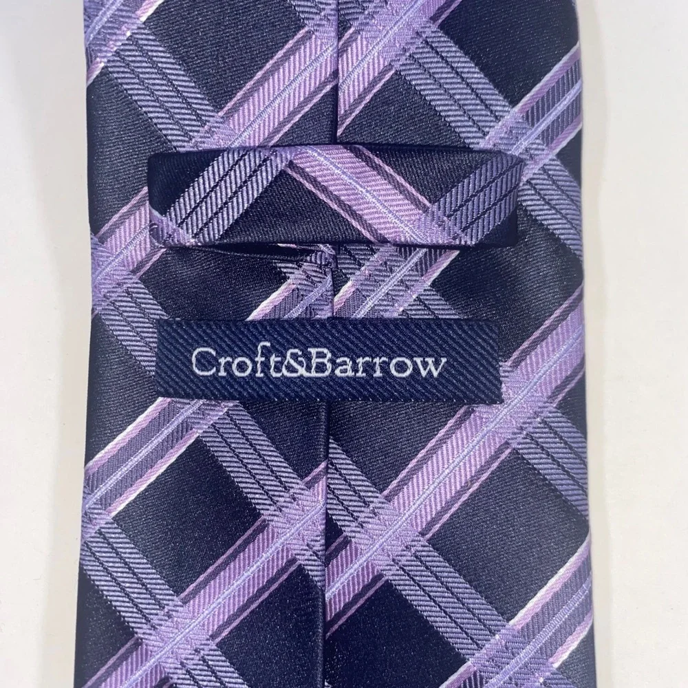 Croft & Barrow Mens Purple‎ Black Diagonal Plaid Check Handmade Polyester Tie